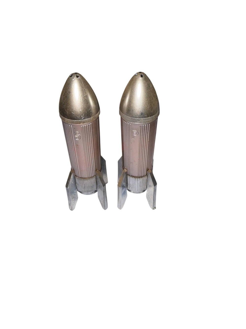 Vintage silver plastic rocket salt and pepper shakers